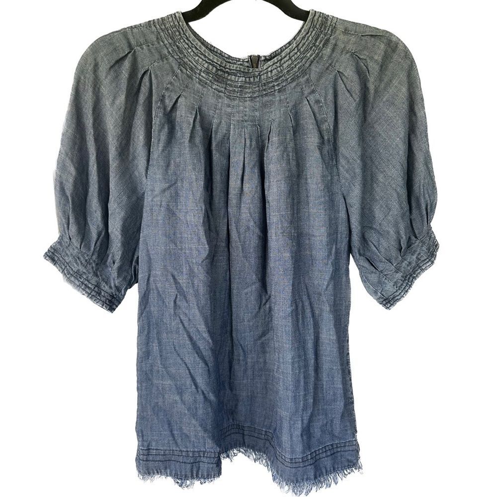 Trina Turk Chambray Pleated Round Neckline Short Bubble Sleeve Raw Hem Blouse S